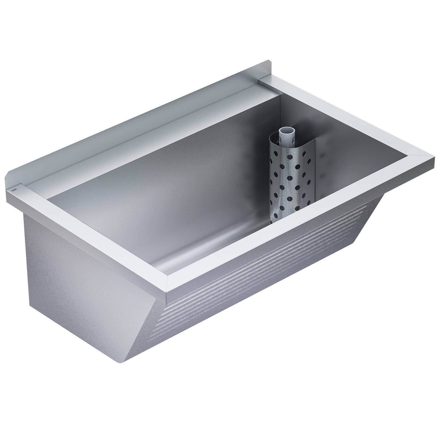 Ein metallischer rechteckiger Waschbecken mit einem perforierten zylindrischen Sieb im Inneren, aus einem Winkel betrachtet vor einem schwarzen Hintergrund.