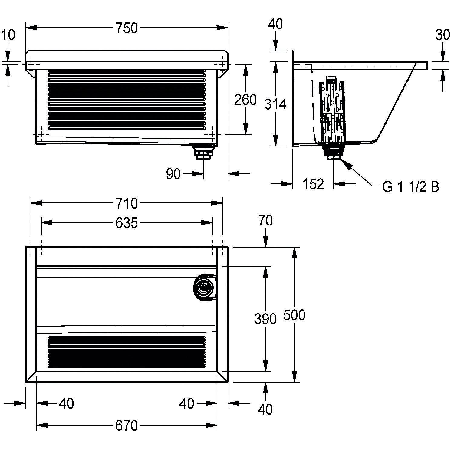 Technische Zeichnung eines Heizkörpers mit Abmessungen: Breite 750 mm, Tiefe 260 mm, Höhe 500 mm. Seitenansicht zeigt schrägen Auslass mit wichtigen Maßangaben und Anmerkungen.