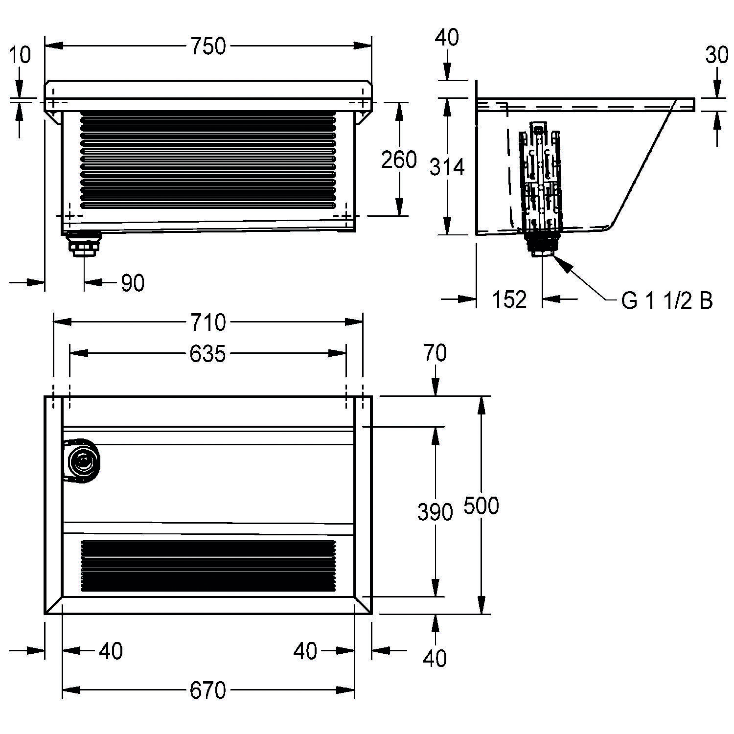 Technische Zeichnung eines rechteckigen Beckens mit Abmessungen: Breite 750 mm, Höhe 500 mm, Tiefe 260 mm, mit einem G 1 1/2 B Ablauf.
