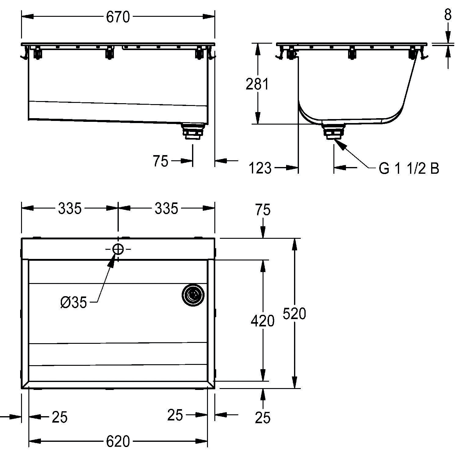 Technische Zeichnung eines rechteckigen Waschbeckens, Abmessungen wie folgt: 670 mm breit, 281 mm tief, 520 mm hoch. Mit 35 mm Armaturenloch.
