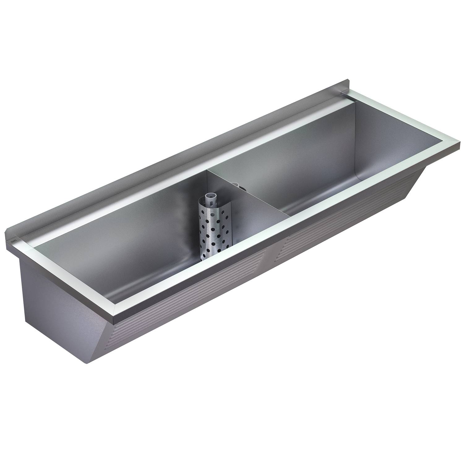 Großer rechteckiger Silber-Metallpflanzer mit einer zentralen perforierten Entwässerungsröhre, geeignet für Innen- und Außenbereich.