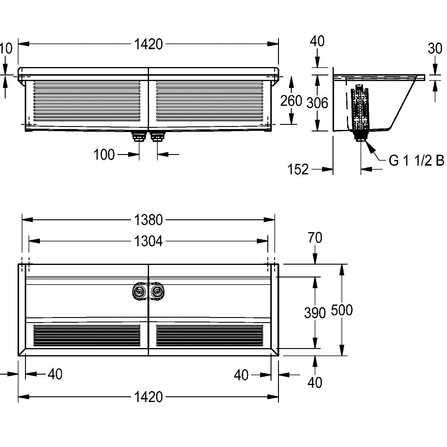 Technische Zeichnung einer rechteckigen Badewanne mit Abmessungen: Breite 1420 mm, Tiefe 600 mm und einer seitlichen Ablaufbohrung mit der Bezeichnung 