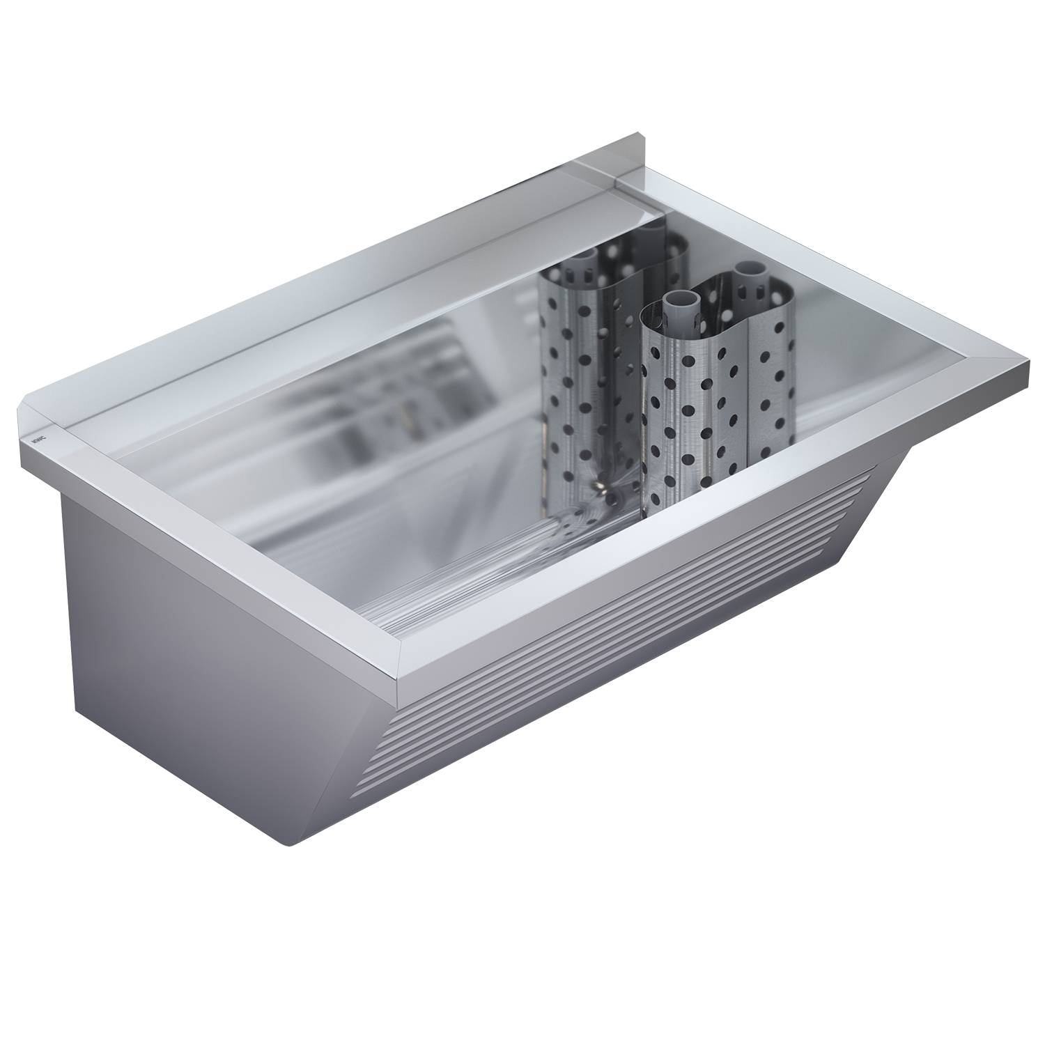 Eine rechteckige Metallwanne mit einem durchlöcherten Trennelement im Inneren, die auf einem schwarzen Hintergrund steht. Die Wanne wirkt sauber und reflektierend.