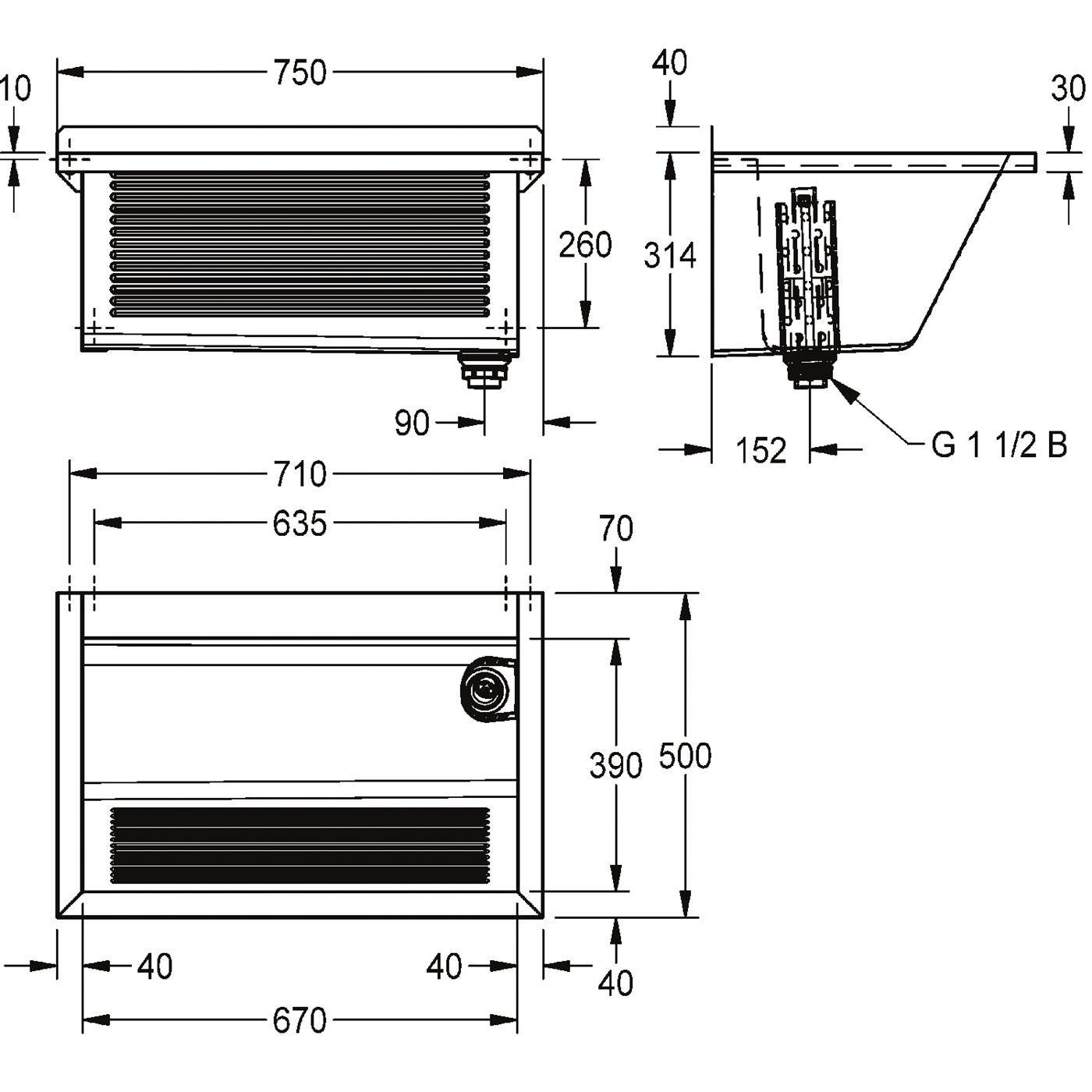 Technische Zeichnung einer rechteckigen Kühleinheit in Front- und Seitenansicht mit Abmessungen in Millimetern und einem G 1 1/2 B Anschluss.