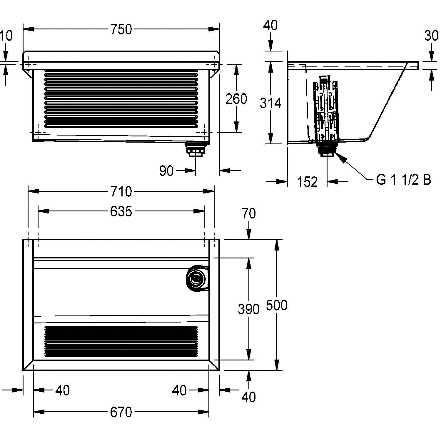Technische Zeichnung eines Wandheizgeräts. Abmessungen: 750 mm Breite, 390 mm Höhe, 260 mm Tiefe. Seiten- und Frontansicht enthalten.