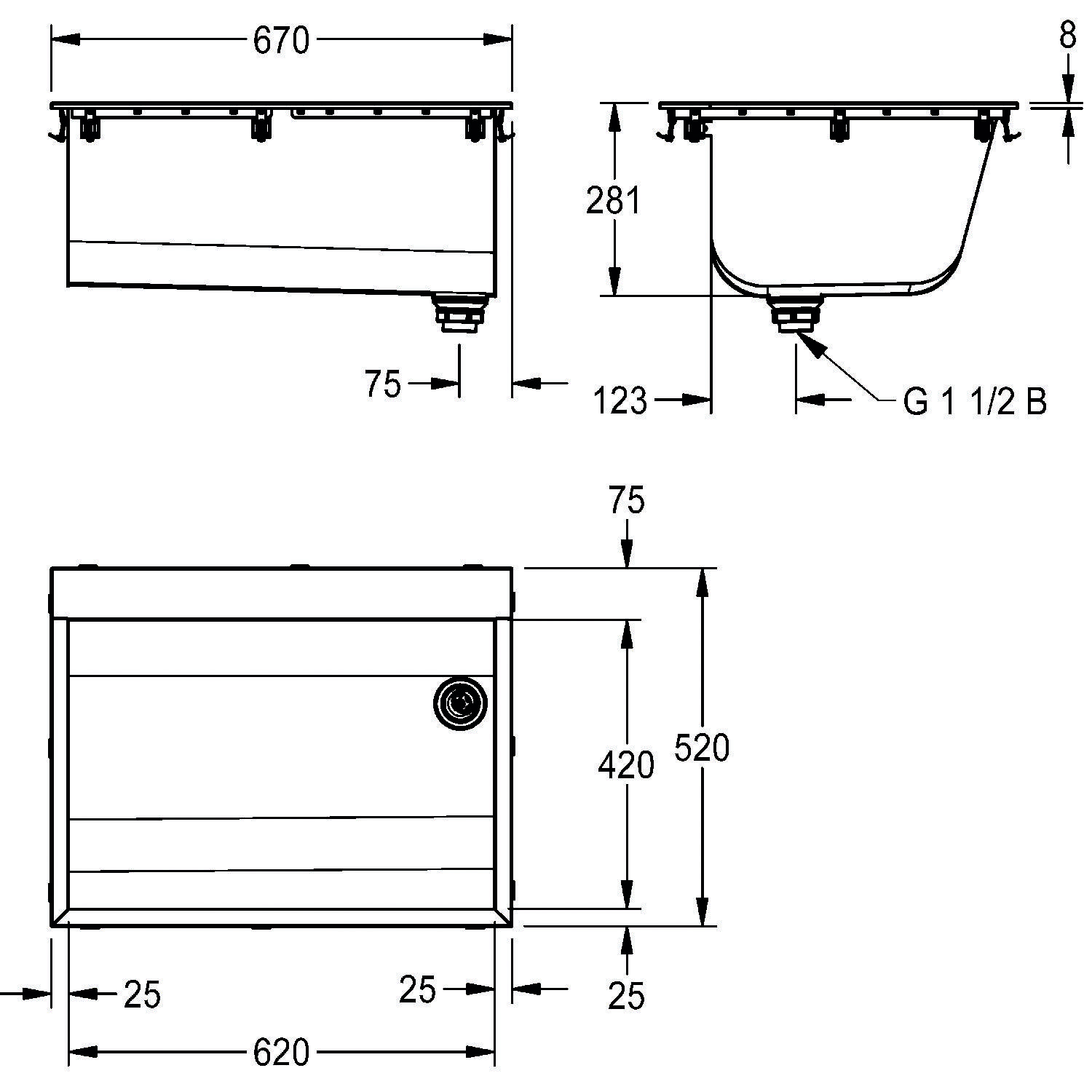 Detaillierte Zeichnung eines Wandwaschbeckens mit Maßen: Breite 670 mm, Tiefe 520 mm, Höhe 281 mm. Ablaufbohrung gekennzeichnet mit 'G 1 1/2 B'.