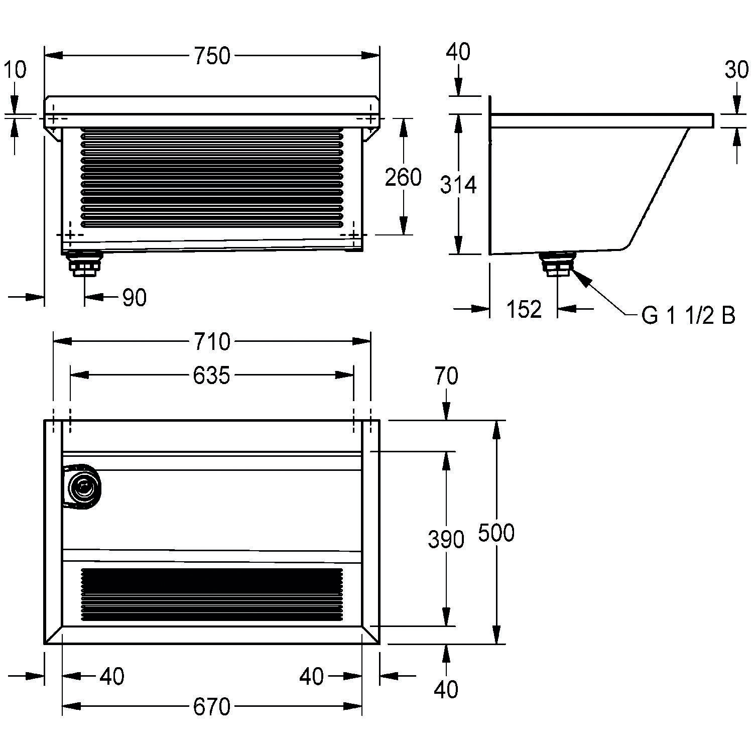 Technische Zeichnung eines Heizkörpers mit Maßangaben: Breite 750 mm, Höhe 540 mm, Tiefe 260-430 mm, sowie Rohranschlussdetails mit G 1 1/2 B.