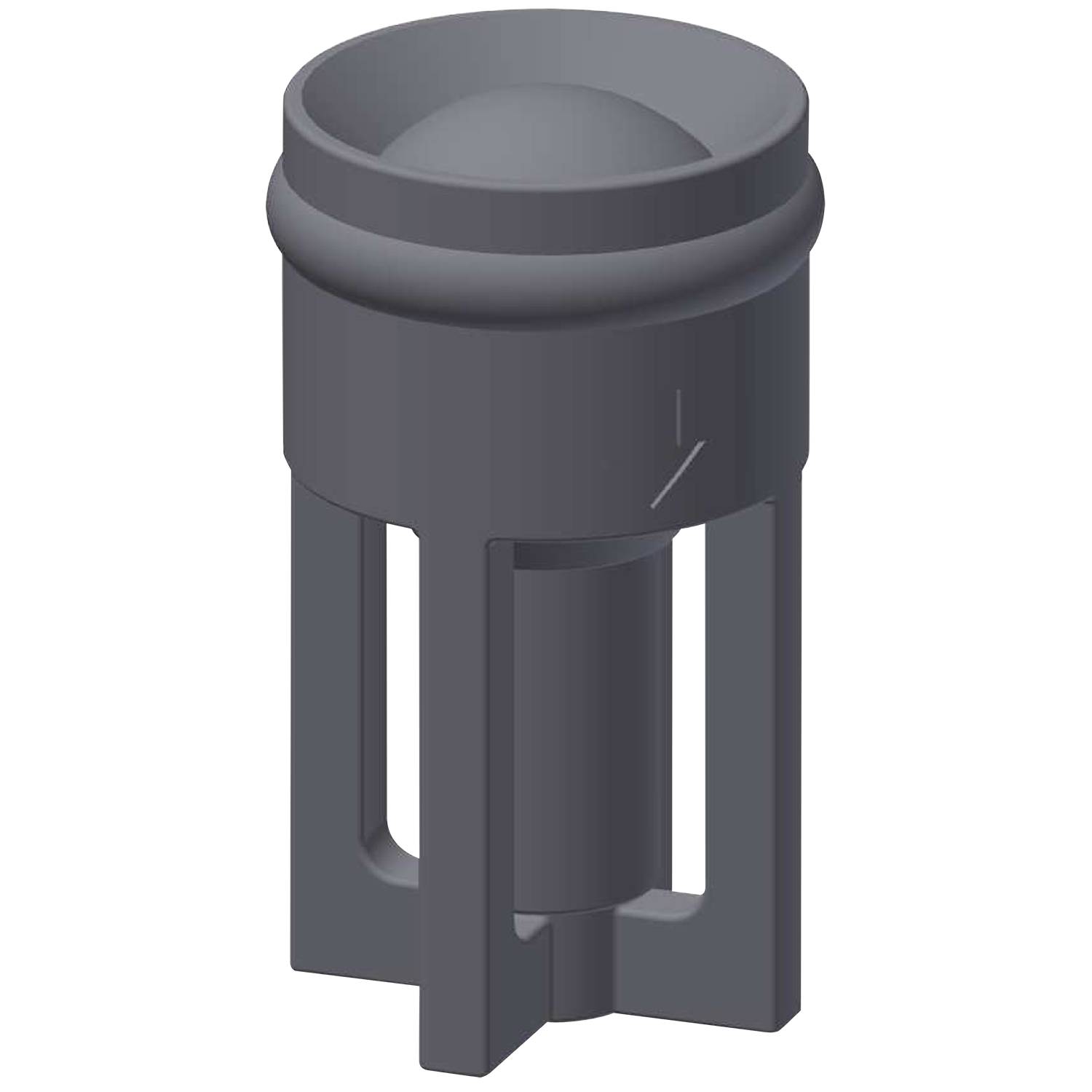 Eine 3D-Darstellung eines dunkelgrauen Absperrhahns mit zylindrischer Form, ausgestattet mit drei vertikalen Stützen und einer horizontalen Nut nahe der Oberseite.