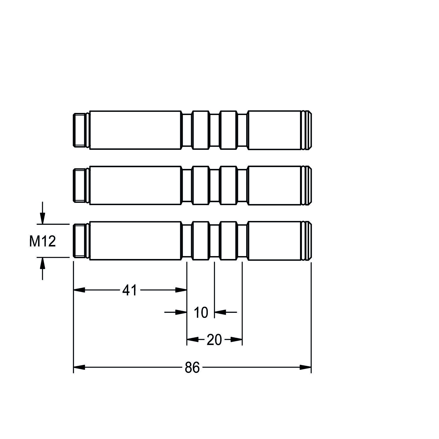Drei horizontale zylindrische Objekte mit gerillten Abschnitten sind ausgerichtet. Abmessungen: Durchmesser M12, Längen 41 mm, 10 mm und 86 mm.
