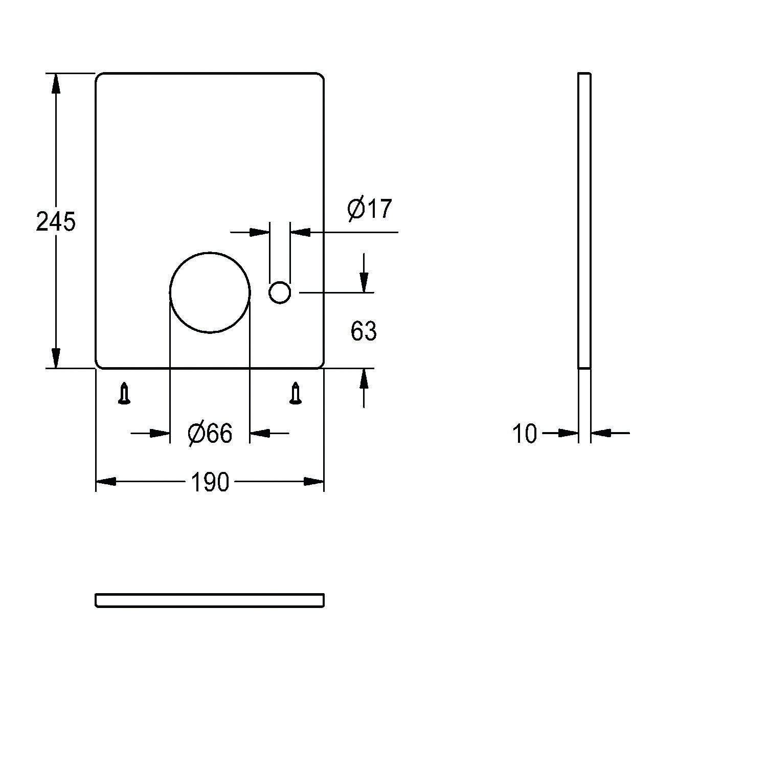 Eine technische Zeichnung einer rechteckigen Platte mit kreisförmigen Ausschnitten. Abmessungen: Höhe 245 mm, Breite 190 mm, Tiefe 10 mm.