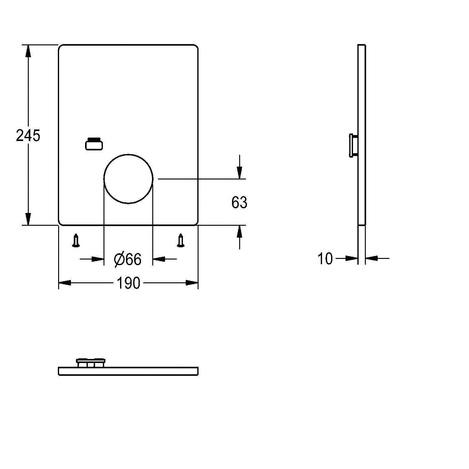 Technische Zeichnung einer rechteckigen Platte mit einer zentralen kreisrunden Öffnung. Abmessungen: 245x196mm; Kreis: 66mm Durchmesser; Tiefe: 10mm.