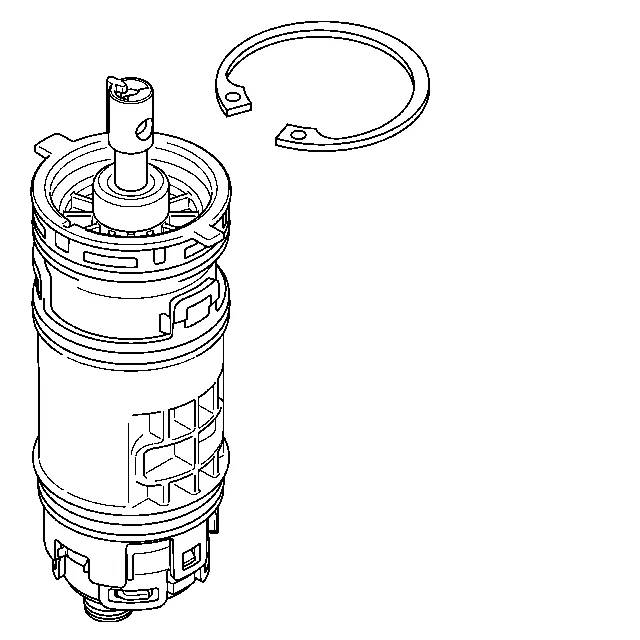 Zerlegte Strichzeichnung einer zylindrischen mechanischen Patrone mit einem separaten Haltering darüber.