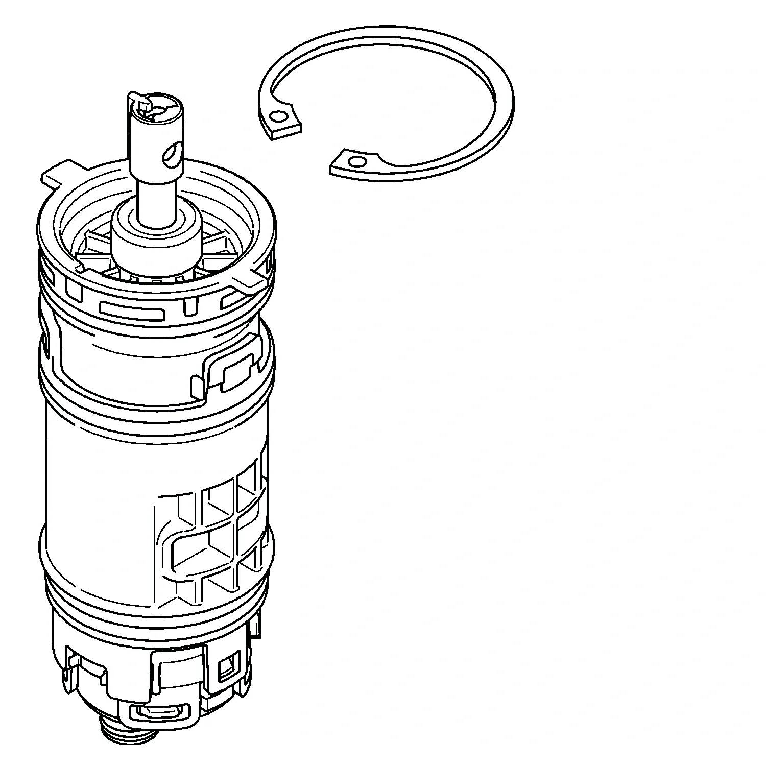 Explodierte technische Zeichnung einer zylindrischen mechanischen Patrone mit separatem Haltering darüber.