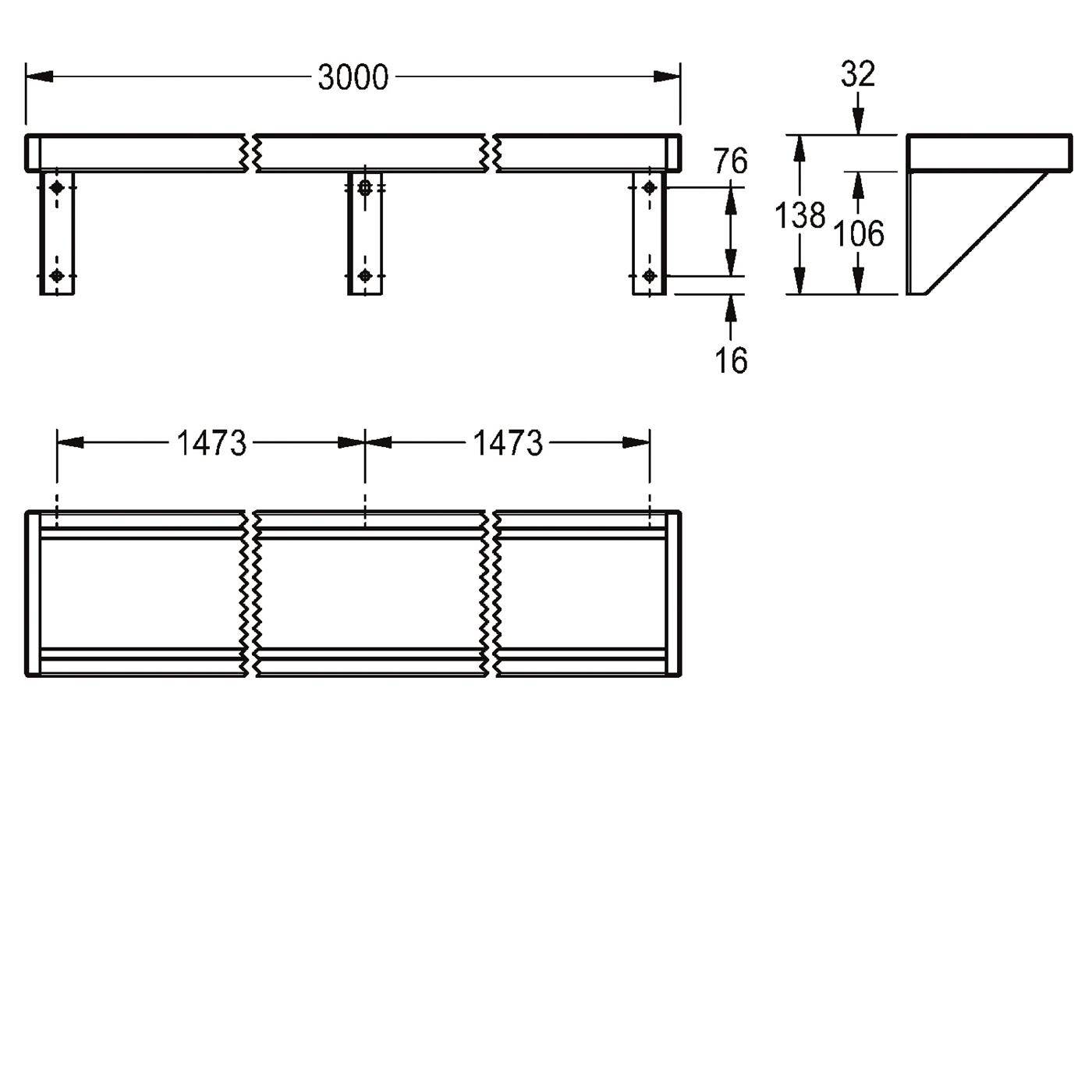 KWC Ablage, SATURN, Edelstahl, 3000x138x142 mm, Aufputz