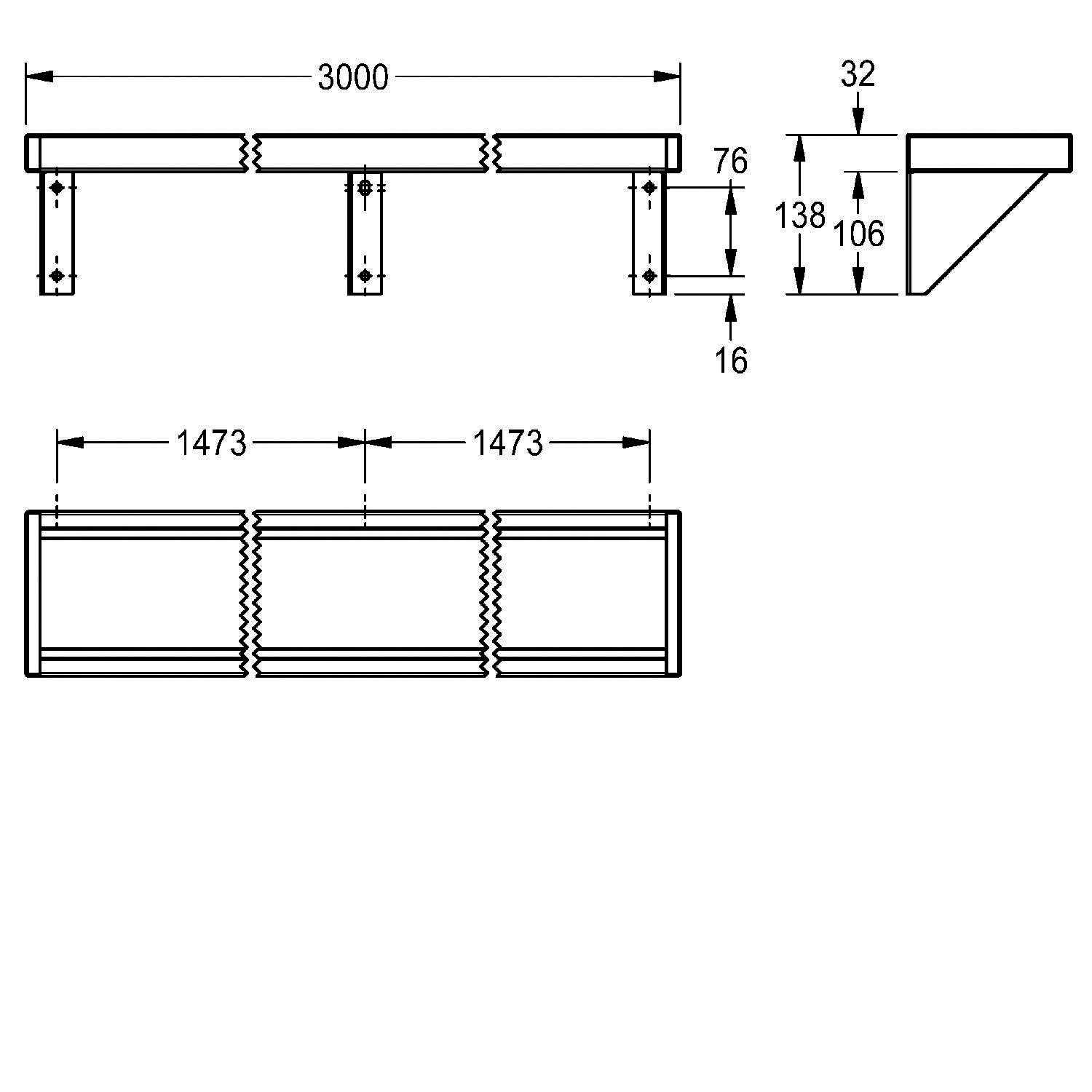 Technische Zeichnung eines Regalsystems mit einer Länge von 3000 mm, einer Tiefe von 106 mm und einer Höhe von 76 mm. Inklusive Halterungen und Abmessungen.