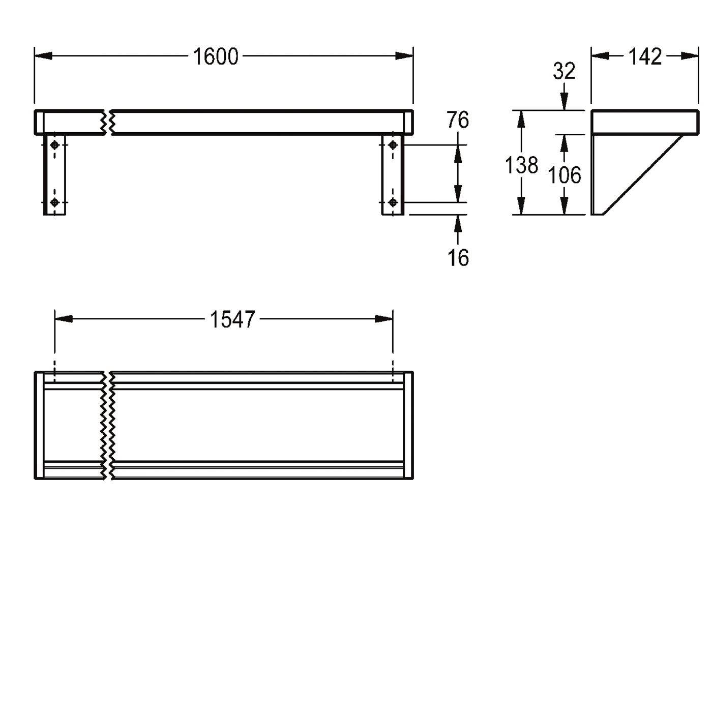 KWC Ablage, SATURN, Edelstahl, 1600x138x142 mm, Aufputz