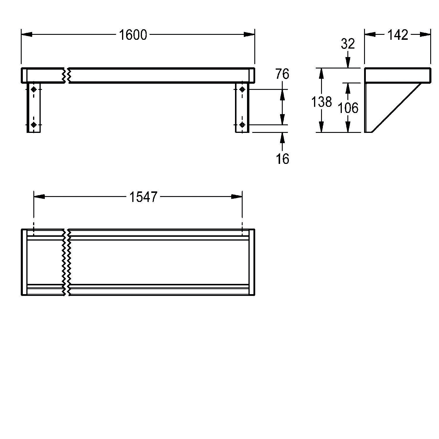 Technische Zeichnung eines Regals mit Abmessungen: 1600 mm Breite, 142 mm Tiefe, 106 mm Halterungshöhe und 76 mm Halterungsdicke.