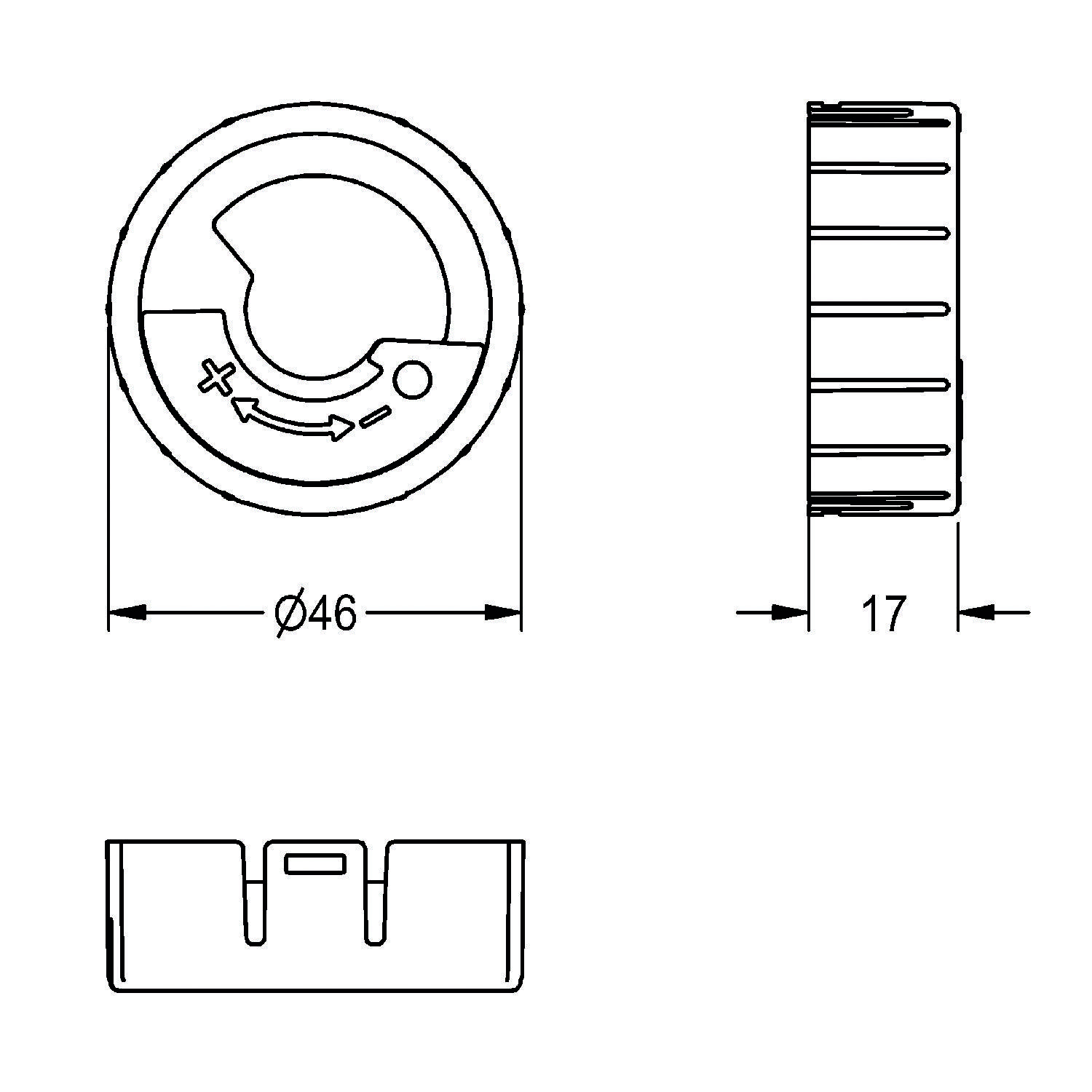 Vorder- und Seitenansicht einer kreisförmigen mechanischen Komponente, 46 mm Durchmesser, 17 mm Dicke. Merkmale umfassen Rillen und Plus/Minus-Markierungen.