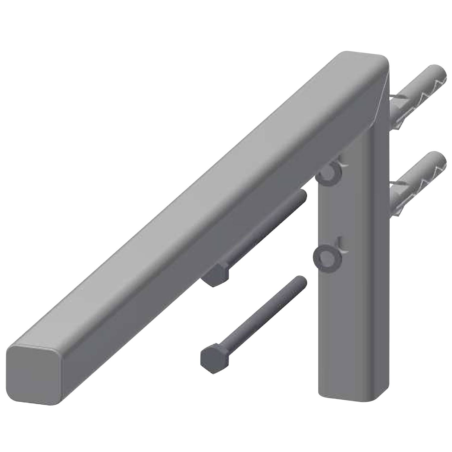 Eine 3D-Darstellung eines grauen Metallbalkens mit zwei Schrauben und einer sechseckigen Mutter, vor einem schwarzen Hintergrund.