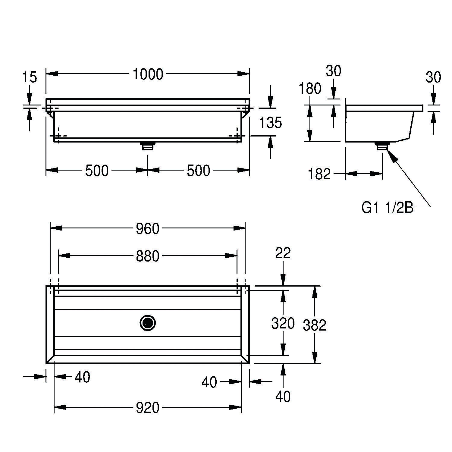 Technische Zeichnung eines rechteckigen Waschbeckens mit Abmessungen: Breite 1000 mm, Tiefe 135 mm, sowie verschiedene Maße für Installationsdetails.