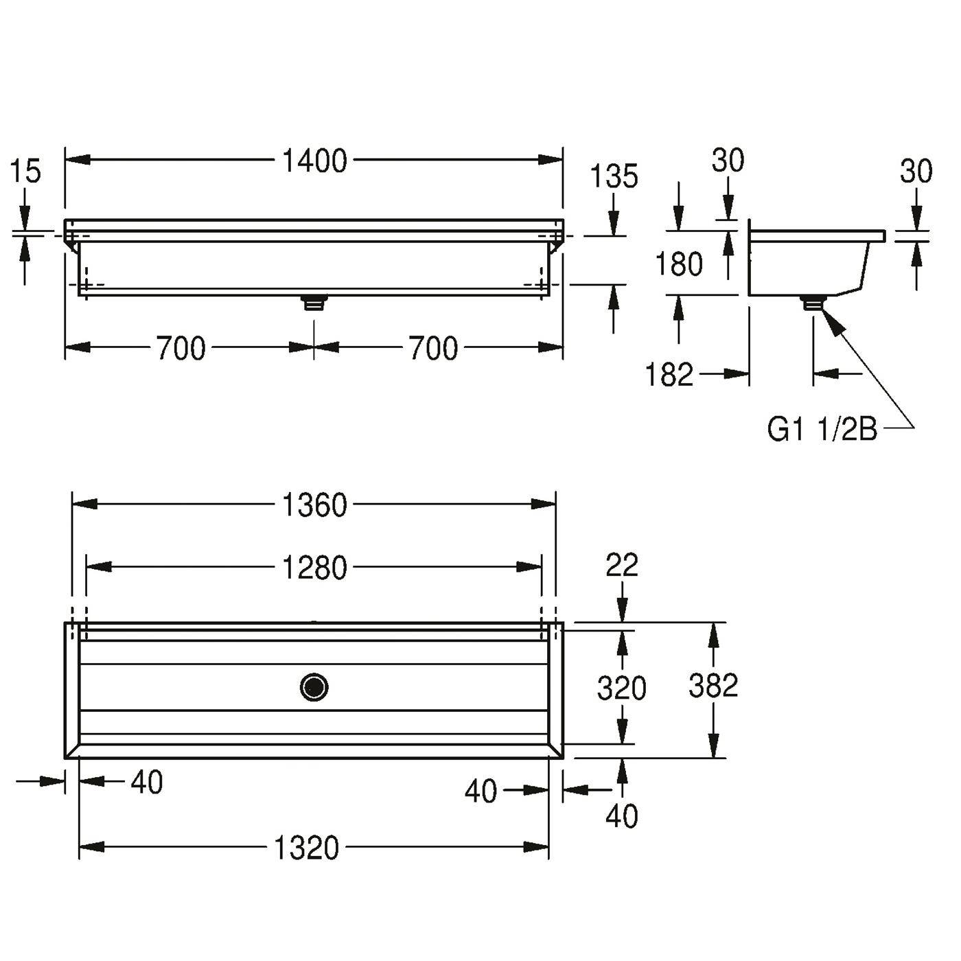 KWC Waschrinne, PLANOX, Edelstahl, W.-mont, 1400x210x382 mm, O. Arm-bank