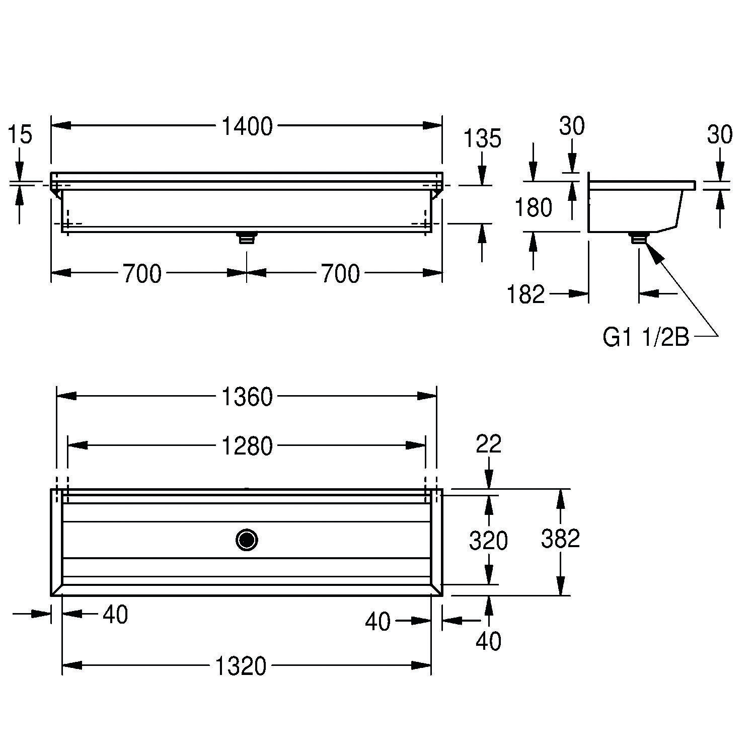 Technische Zeichnung eines rechteckigen Waschbeckens. Abmessungen: Gesamtlänge 1400 mm, Höhe 182 mm, mit zwei Abschnitten, jeweils 700 mm breit. Ablauf mit G1 1/2B gekennzeichnet.