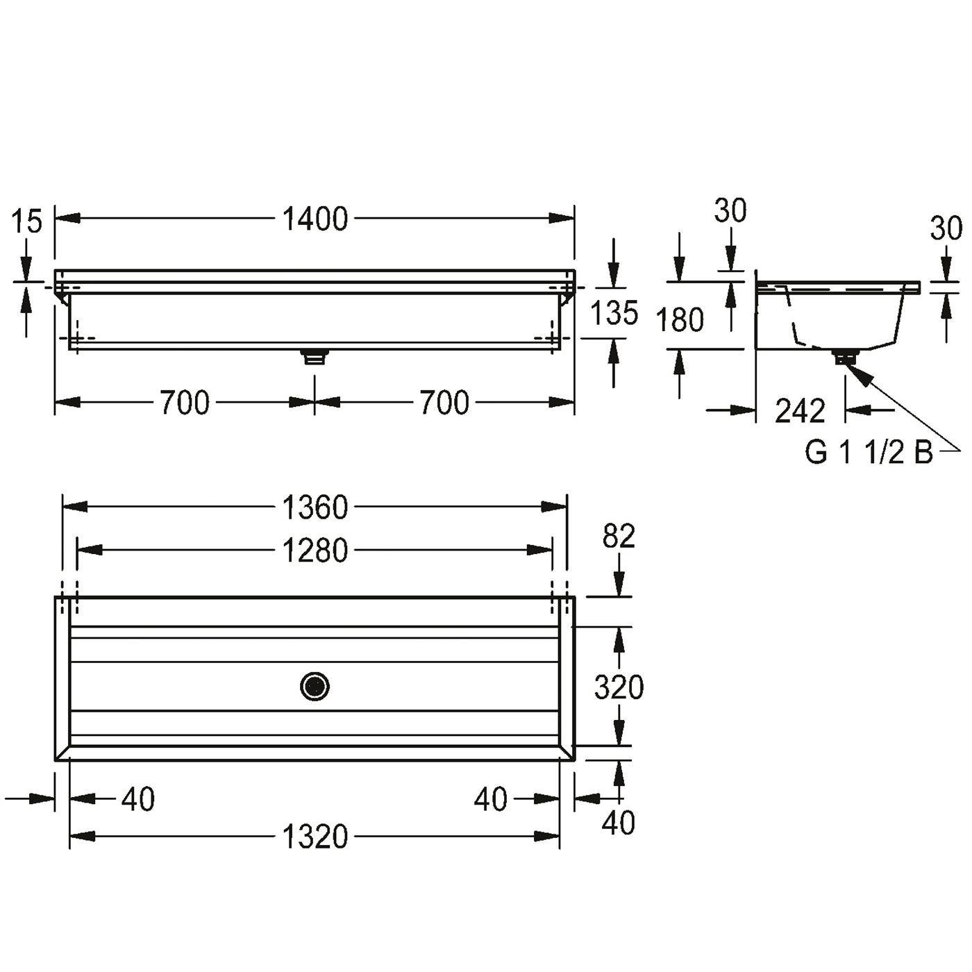 KWC Waschrinne, PLANOX, Edelstahl, W.-mont, 1400x210x442 mm, m. Arm-bank