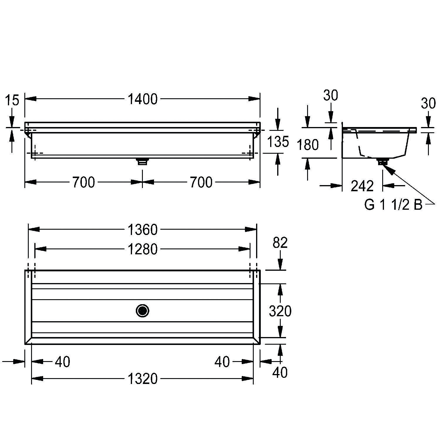 Technische Zeichnung eines rechteckigen Gegenstands mit Maßen: 1400x135x30 mm Draufsicht und 1260x82x320 mm Seitenansicht. Enthält Anschlusspunkt 'G 1 1/2 B'.