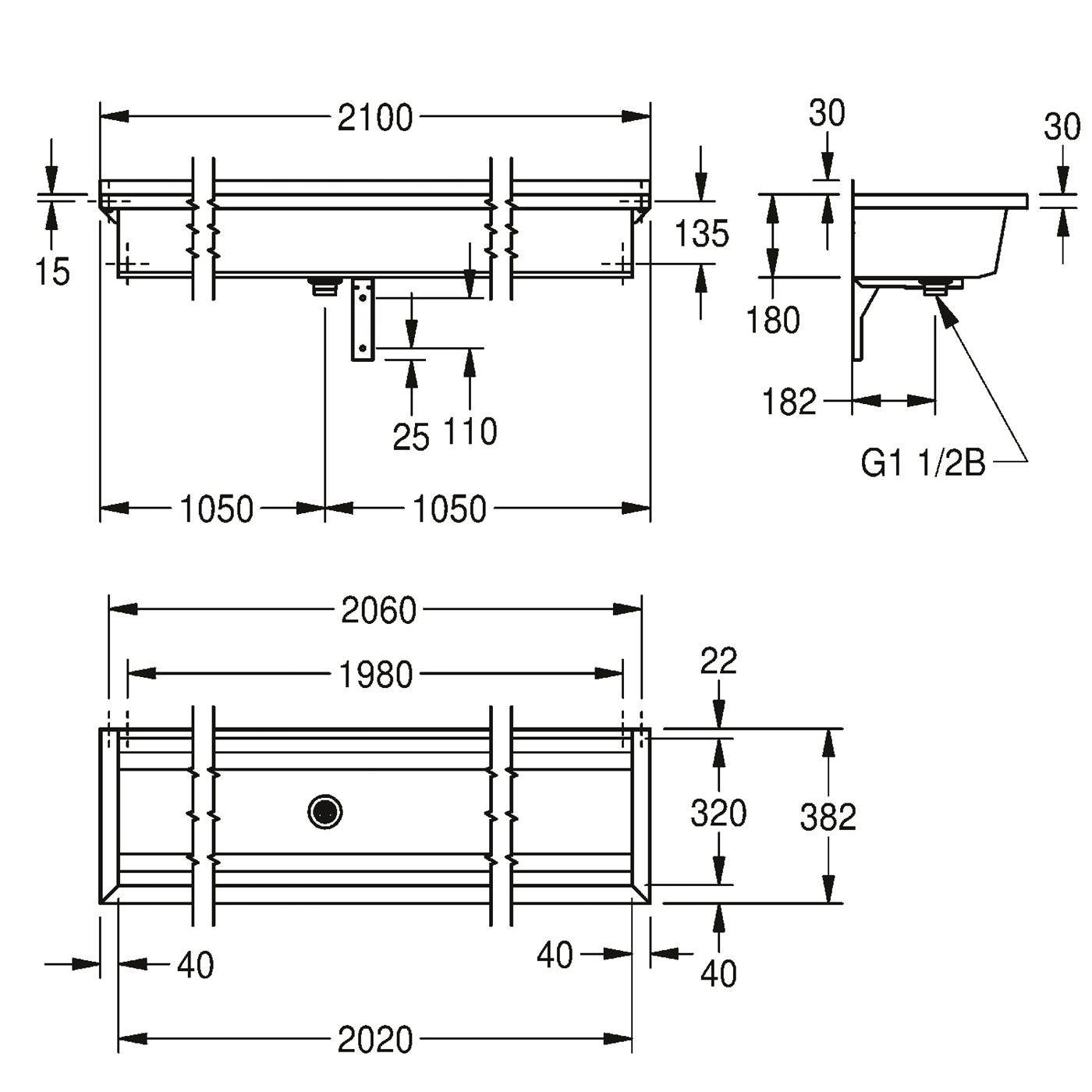 KWC Waschrinne, PLANOX, Edelstahl, W.-mont, 2100x210x382 mm, O. Arm-bank