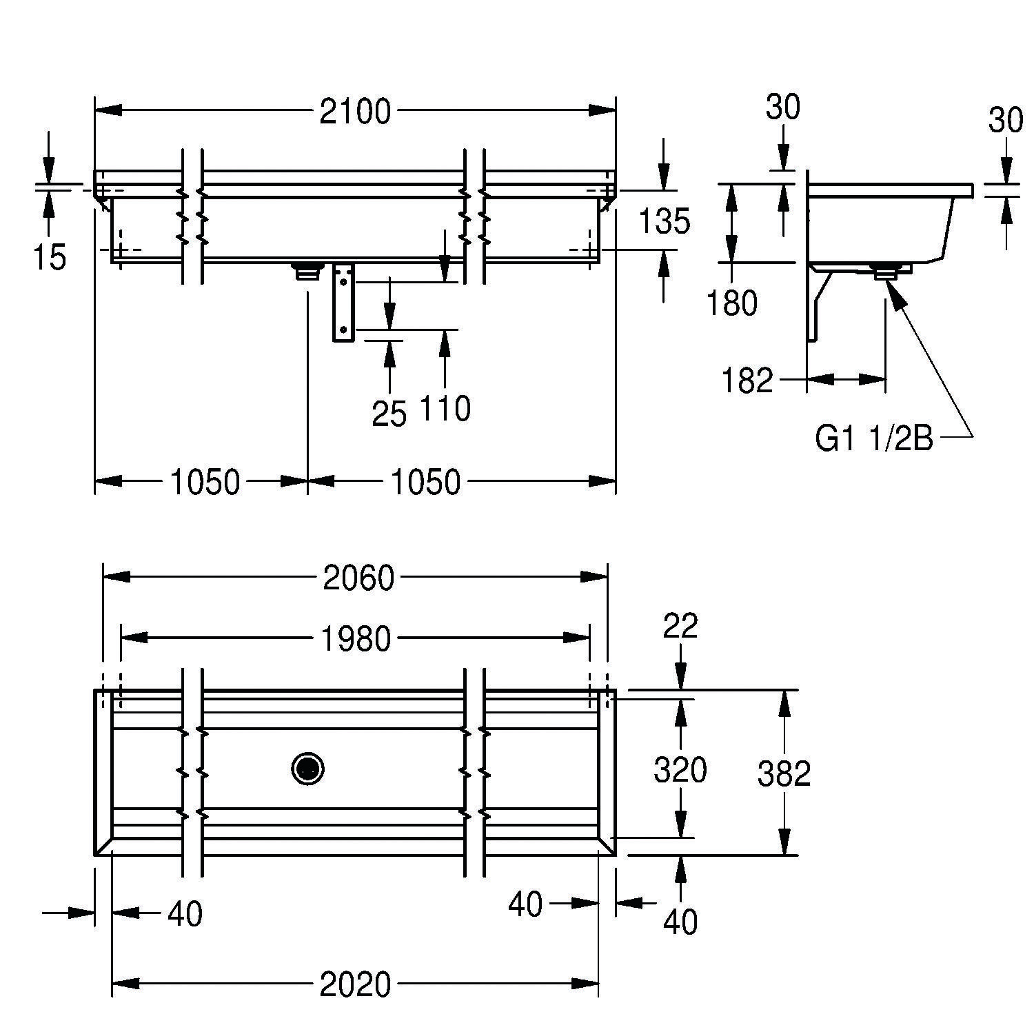 Technische Zeichnung eines rechteckigen Waschbeckens mit Abmessungen: 2100 mm Breite, 1050 mm Mitte, 1980 mm Becken, 30 mm Ränder, 110 mm Tiefe und G1 1/2B Ablauf.