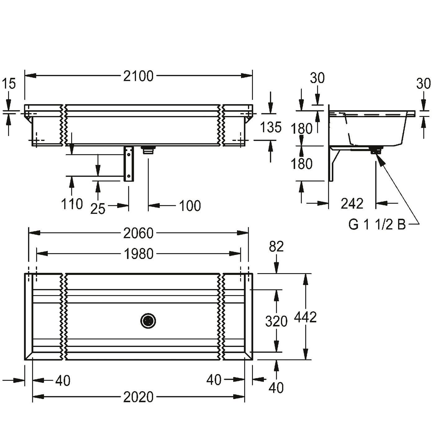 KWC Waschrinne, PLANOX, Edelstahl, W.-mont, 2100x210x442 mm, m. Arm-bank