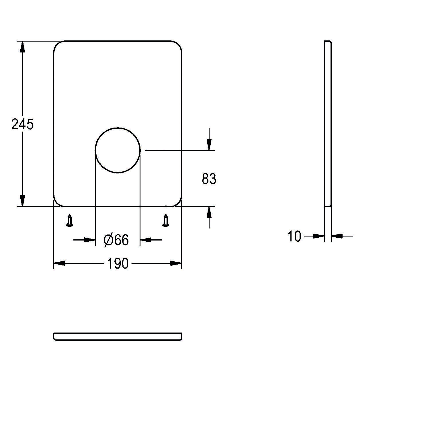 Technische Zeichnung zur Darstellung der Abmessungen einer rechteckigen Platte mit zentraler kreisförmiger Aussparung. Maße beinhalten 245 mm Höhe, 83 mm Breite oberhalb der Aussparung und 190 mm Durchmesser der kreisförmigen Aussparung.
