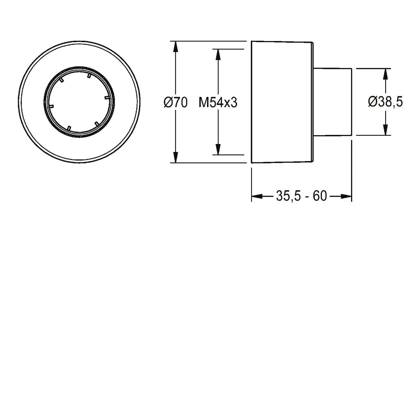 Technische Zeichnung eines runden Gewindeteils mit Vorder- und Seitenansicht, beschriftet mit den Abmessungen Ø70, M54x3, Ø38,5 und 35,5–60.