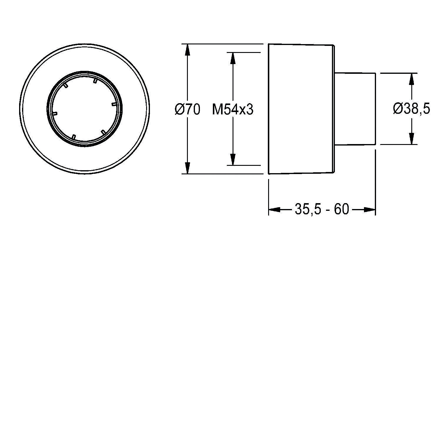 Eine technische Zeichnung, die ein zylindrisches Objekt mit Abmessungen: Ø70, Ø38,5, M54x3 zeigt. Länge verstellbar zwischen 35,5 und 60.