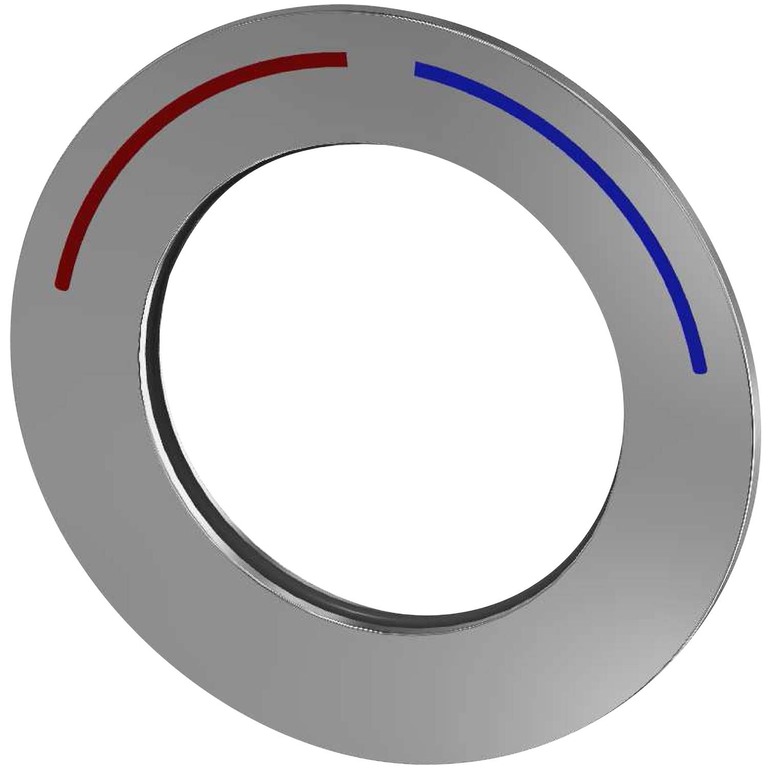 Ein metallisches rundes Zifferblatt mit einer roten Linie links und einer blauen Linie rechts, die die Einstellungen für heiß bzw. kalt anzeigen.