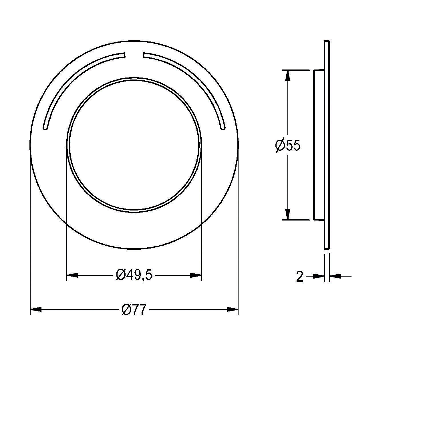 Kreisförmige Komponentenzeichnung mit Abmessungen: Durchmesser 77 mm, innerer Kreis 55 mm und Dicke 2 mm.