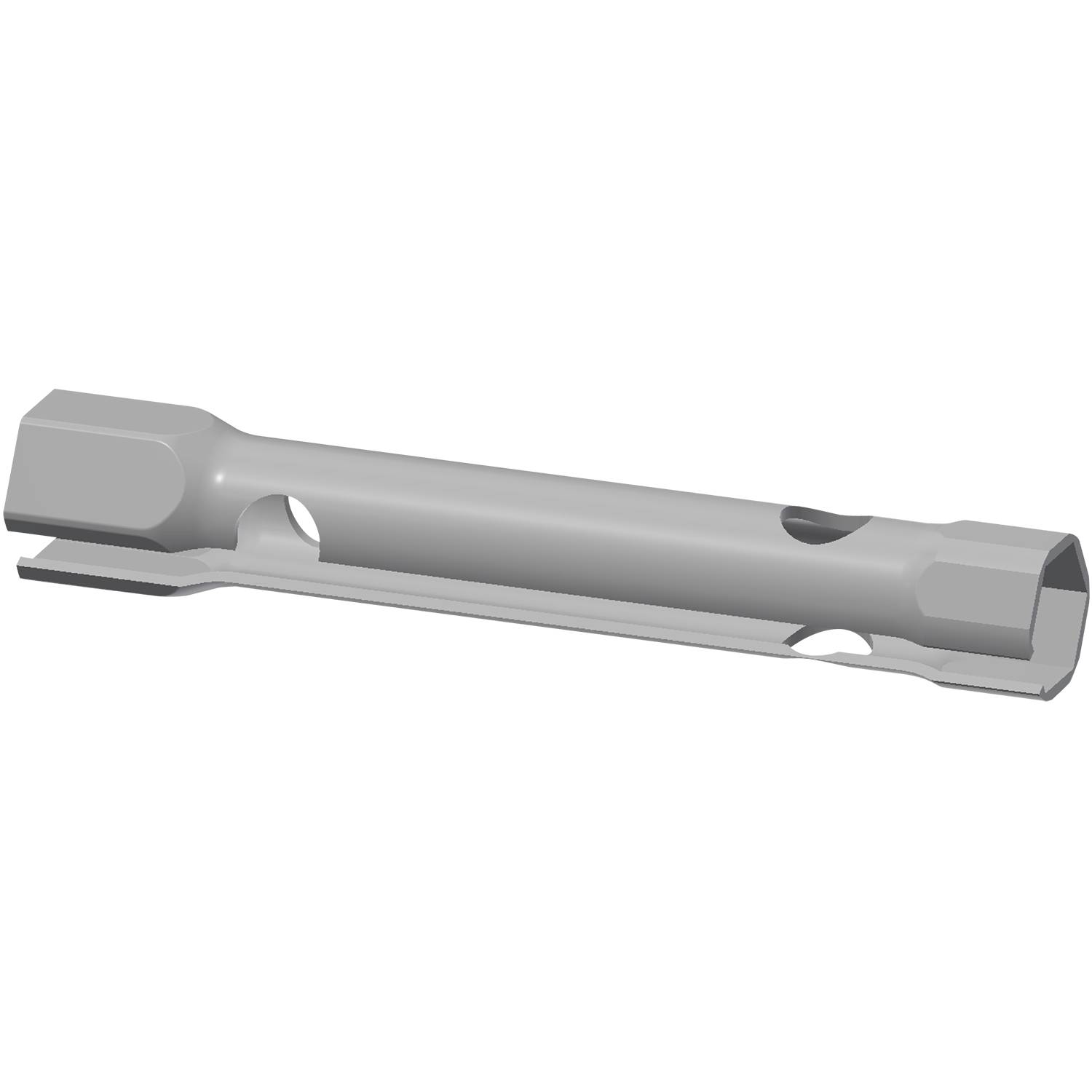 Eine graue metallische Verlängerung für Steckschlüssel mit einem sechseckigen Antriebsende und einer glatten, zylindrischen Schaft, entwickelt zum Erreichen tief sitzender Schrauben.