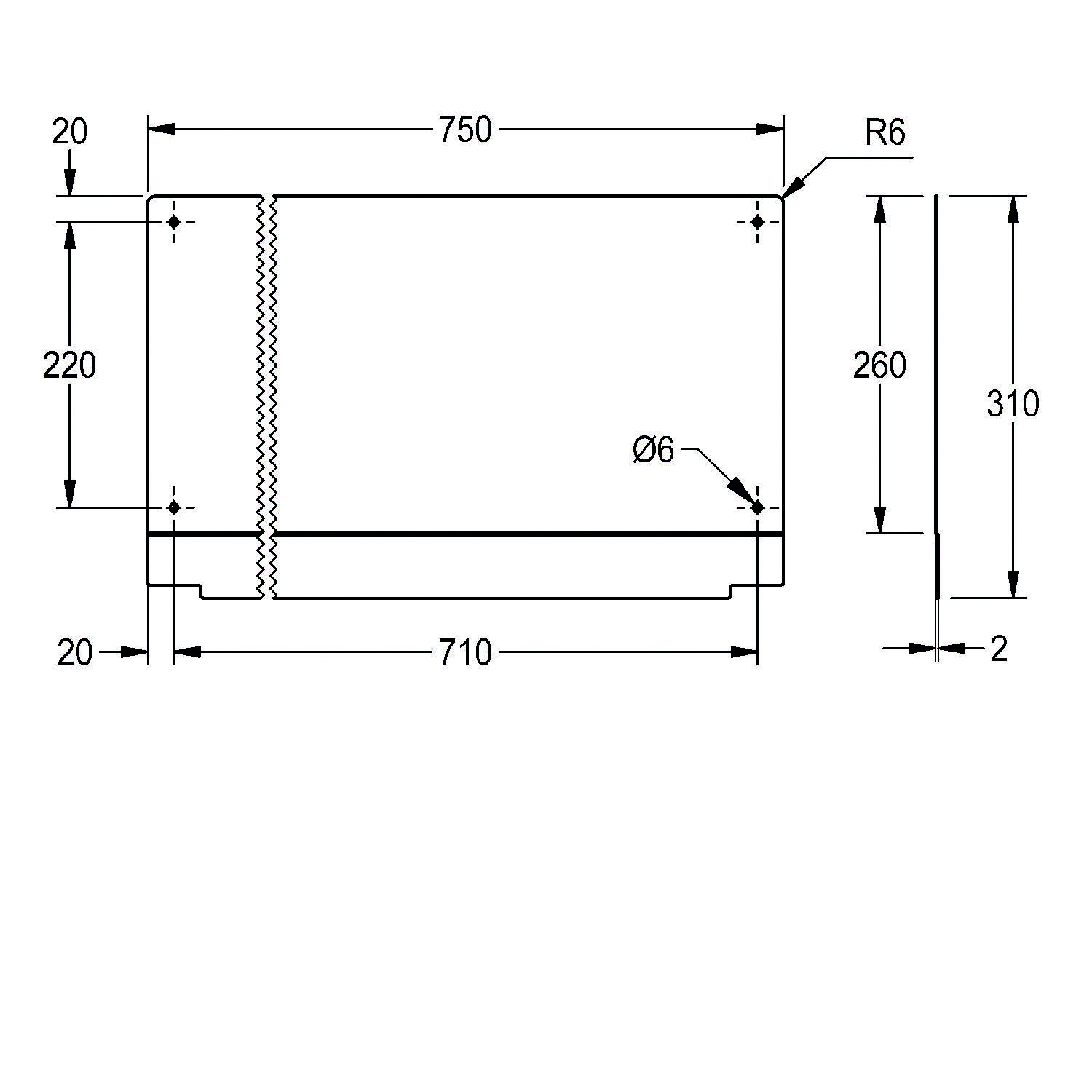 Technische Zeichnung eines rechteckigen Objekts mit Abmessungen: 750 mm Breite, 710 mm Grundfläche, 310 mm Höhe. Merkmale umfassen einen 260 mm Abschnitt, einen Lochdurchmesser von 6 mm und abgerundete Ecken mit R6.