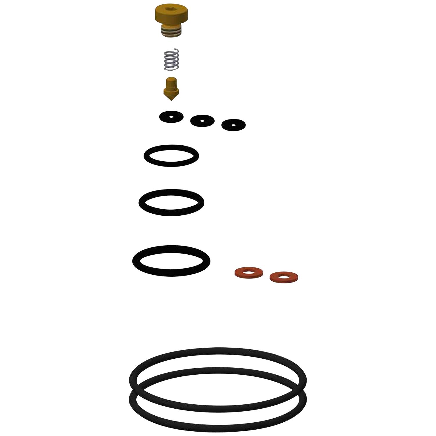 Explosionszeichnung einer mechanischen Baugruppe mit einer Darstellung von Feder, Scheiben und Dichtungen in Ausrichtung, die die Montagereihentfolge veranschaulicht.