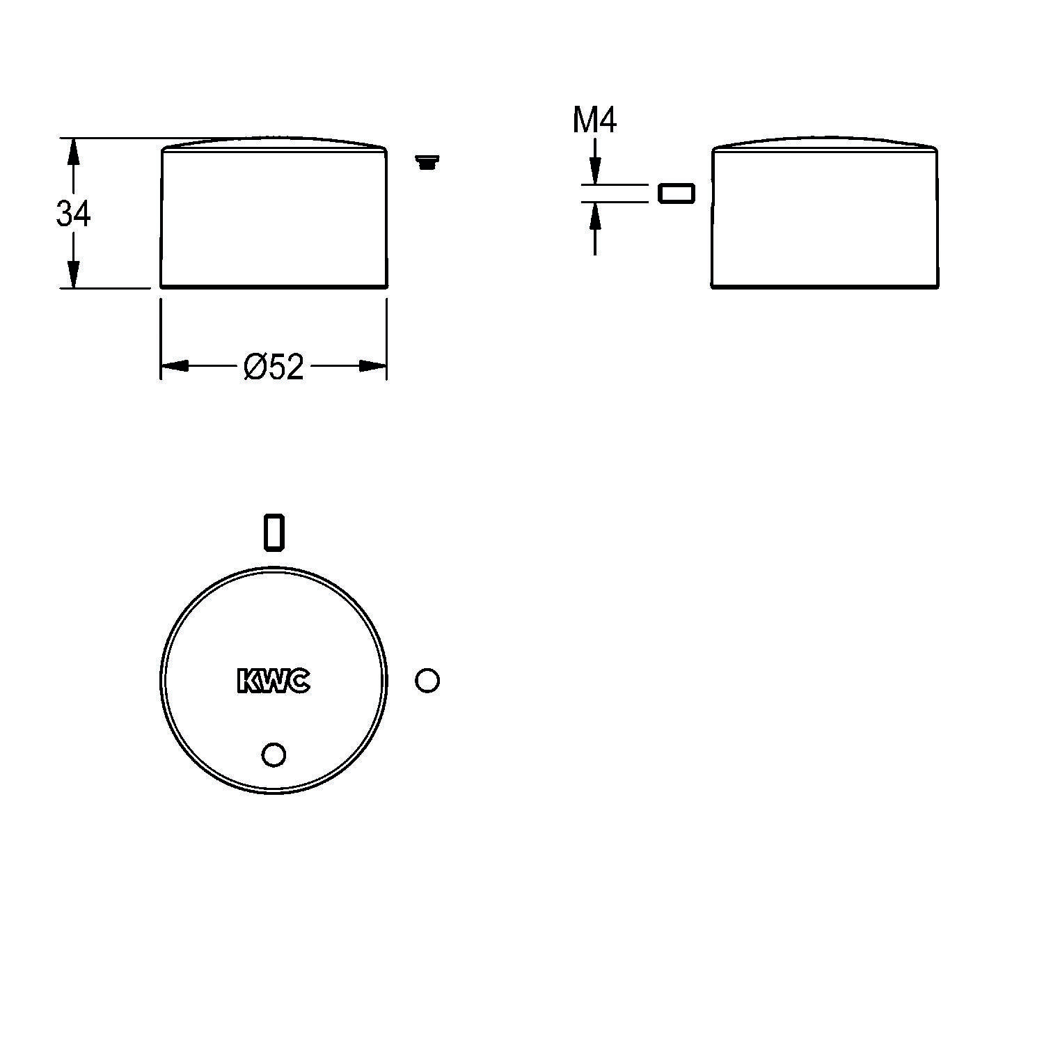 Technische Zeichnung eines zylindrischen Objekts mit einem Durchmesser von 52 mm und einer Höhe von 34 mm. Beinhaltet eine Draufsicht mit der Bezeichnung 