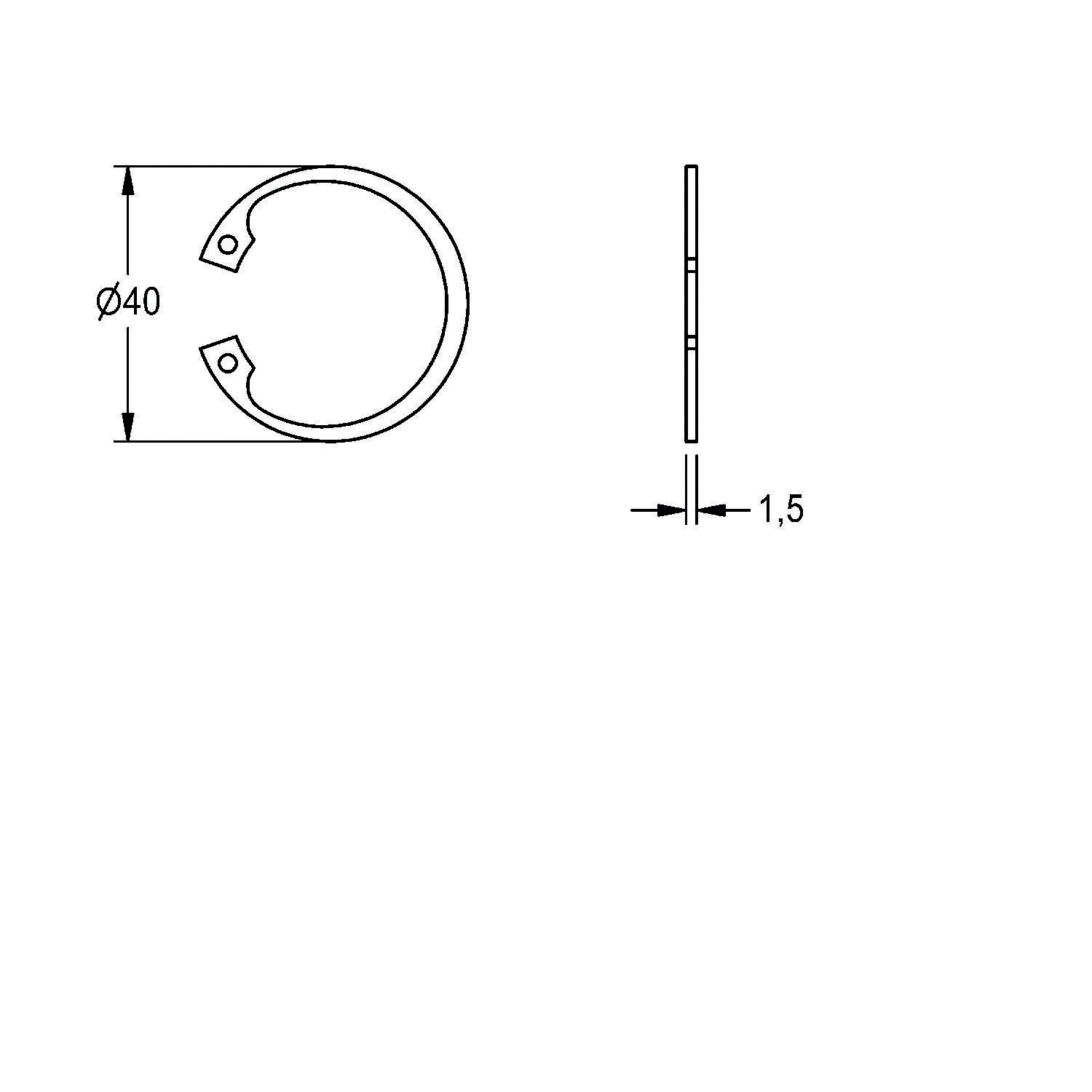 Eine technische Zeichnung eines kreisförmigen Metallclips mit zwei Löchern, 40 mm im Durchmesser und 1,5 mm Dicke, dargestellt in Vorder- und Seitenansicht.