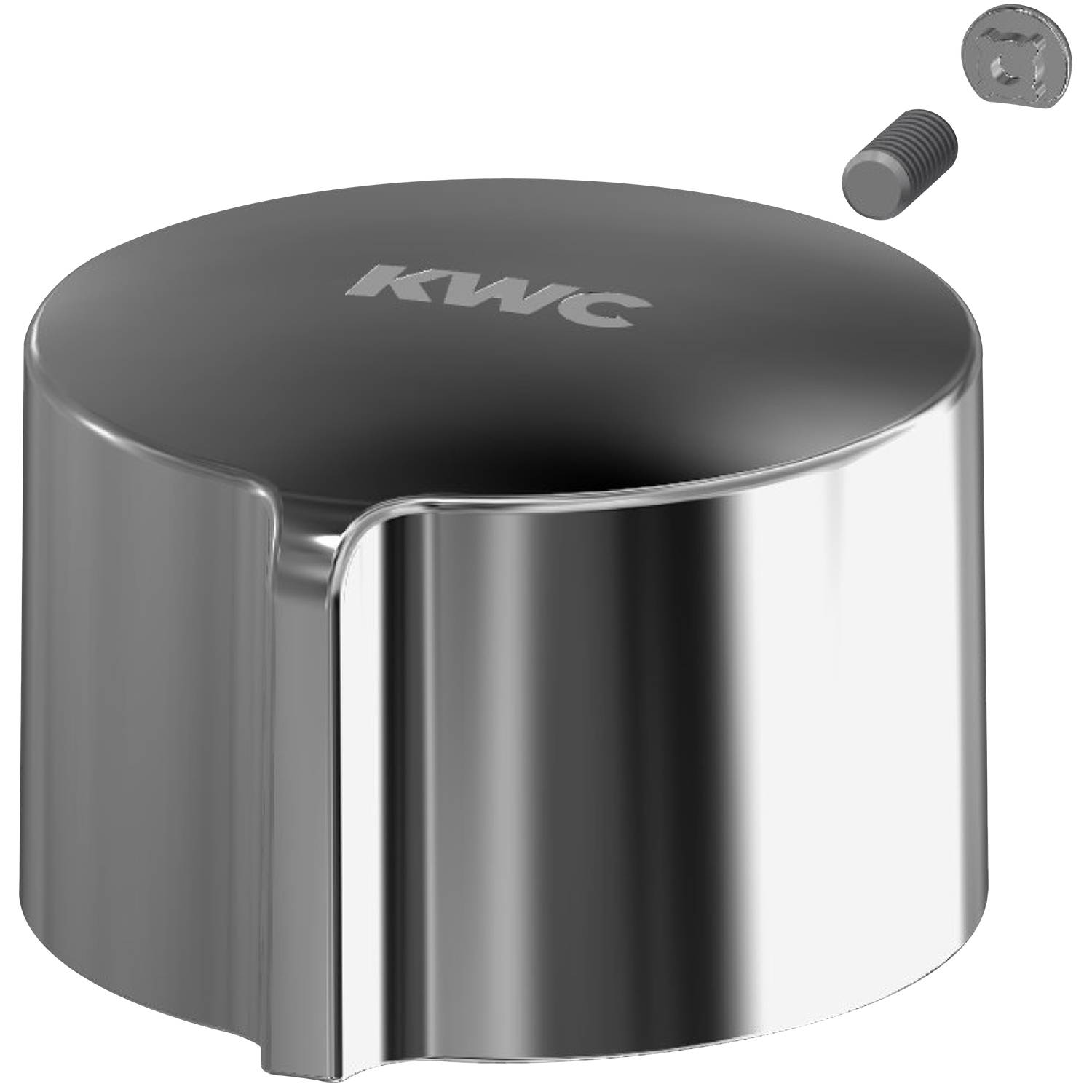 Silberner Wasserhahn-Griff-Deckel mit 'KWC'-Schriftzug, der mit einer kleinen Befestigungsschraube oben rechts gezeigt wird.