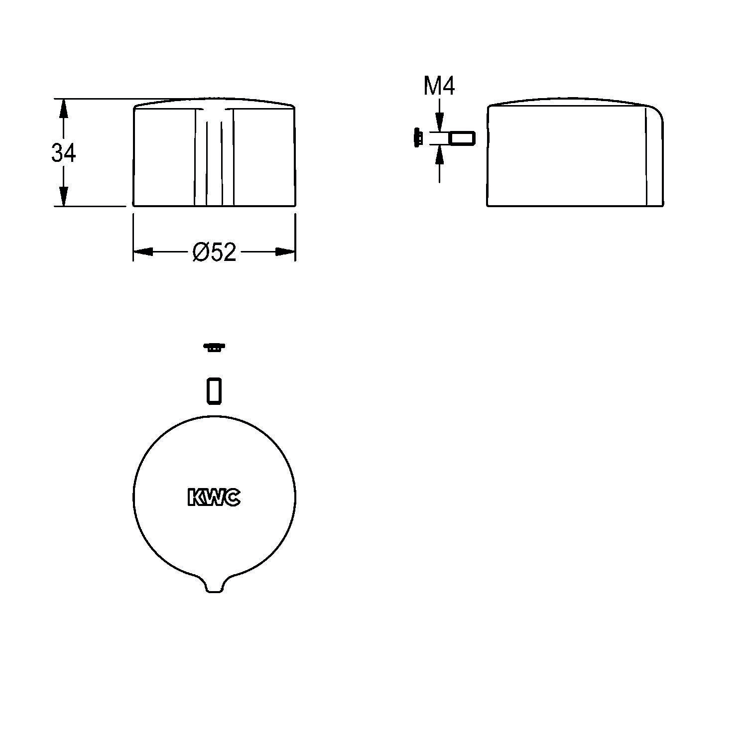 KWC-beschriftetes Knopfdesign; Durchmesser 52 mm, Höhe 34 mm mit M4-Schraube. Ansichten von oben und von der Seite zur Montagereferenz dargestellt.