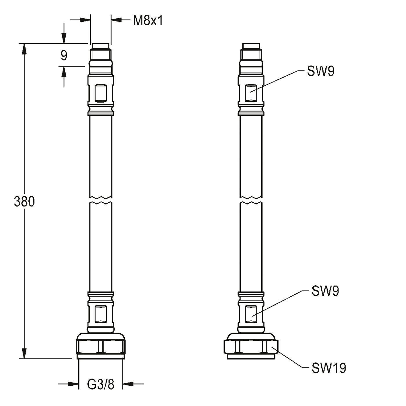 KWC Schlauch, F5, G3/8xM8x1, 380mm, DN6, Gerade, 2030048523