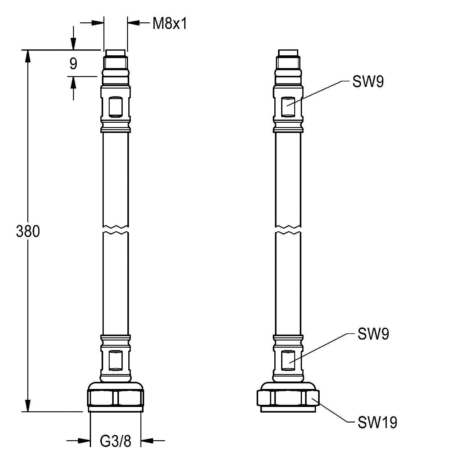 Technische Zeichnung eines zylindrischen Bauteils mit detaillierten Maßangaben: Höhe 380 mm, M8x1 Gewinde, G3/8 Anschluss, zwei SW9 Abschnitte und ein SW19 Abschnitt.