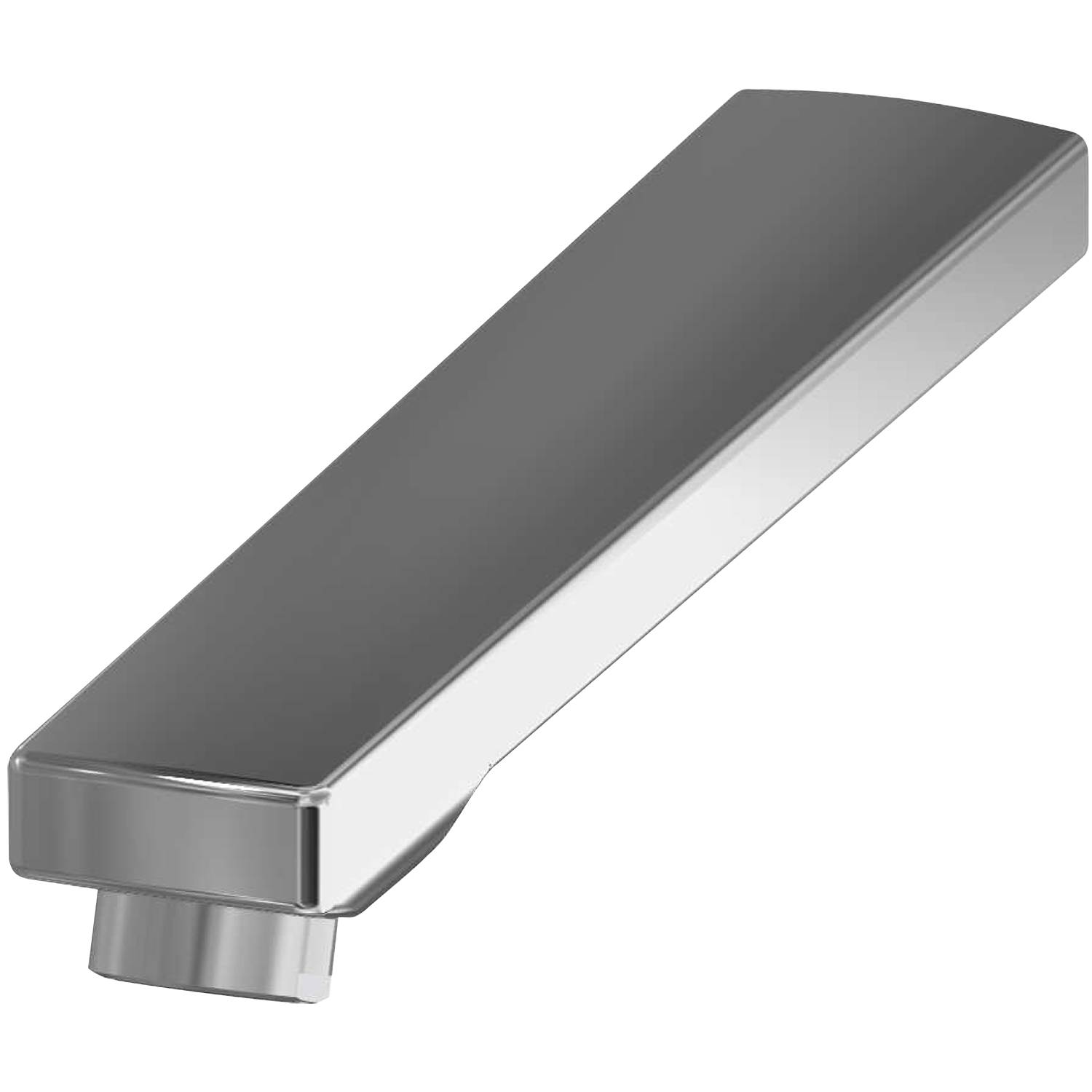 Ein Chrom-Wasserhahn-Griff mit flachem, rechteckigem Design vor einem schwarzen Hintergrund.