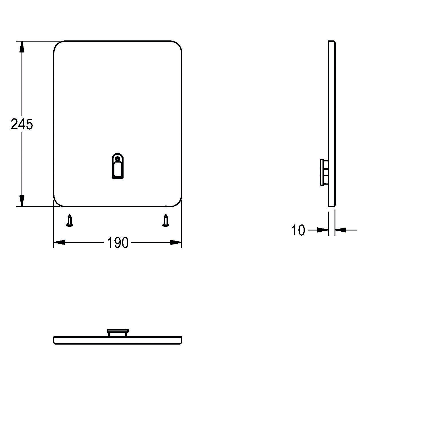 Abmessungen eines rechteckigen Objekts mit einem Schlüsselloch: 190 mm Breite, 245 mm Höhe und 10 mm Tiefe. Ansichten von oben und der Seite dargestellt.