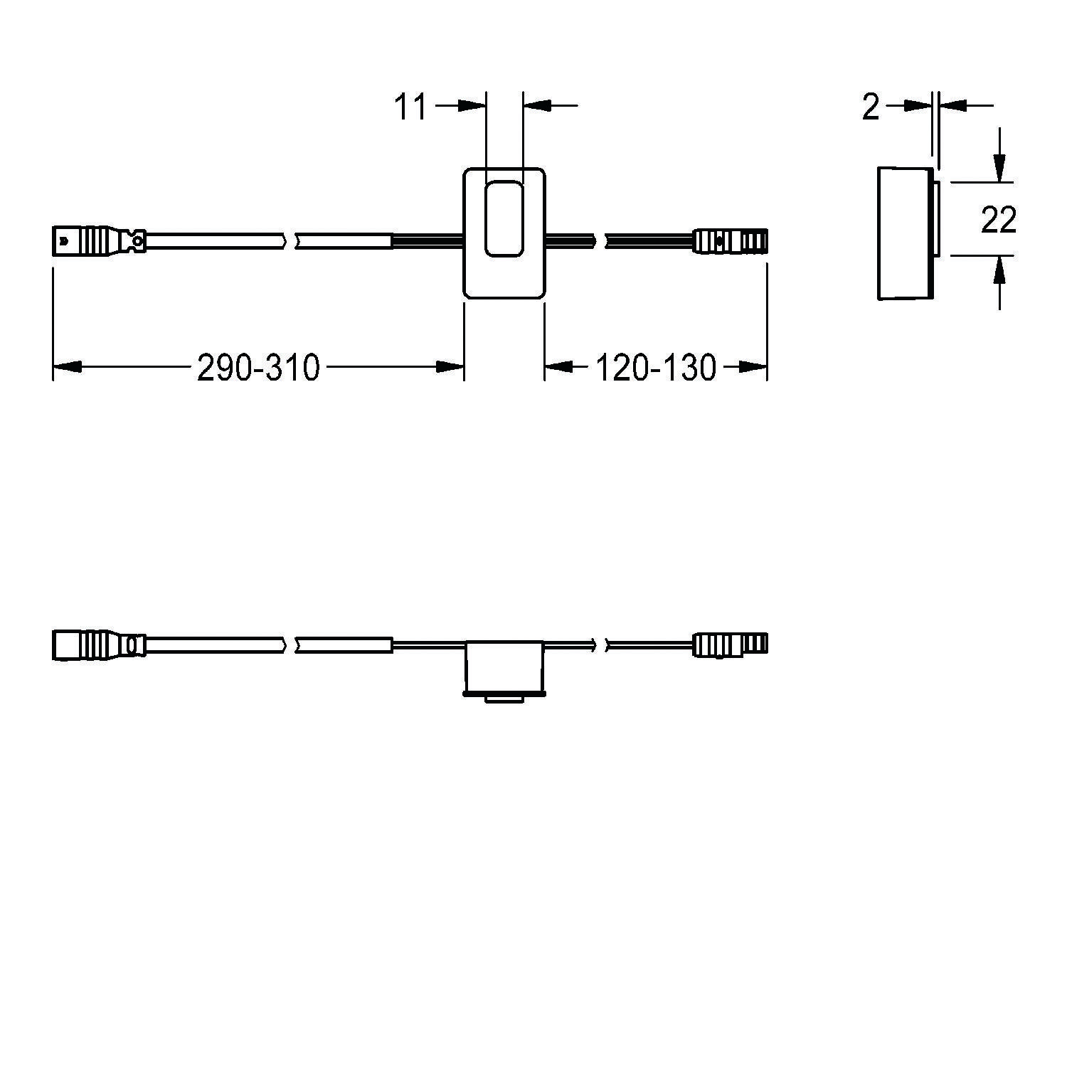 Diagramm einer Kabelanordnung mit Abmessungen. Horizontale Kabel messen 290-310 und 120-130, mit einer zentralen Anschlusshöhe von 2 und vertikaler Tiefe von 22.
