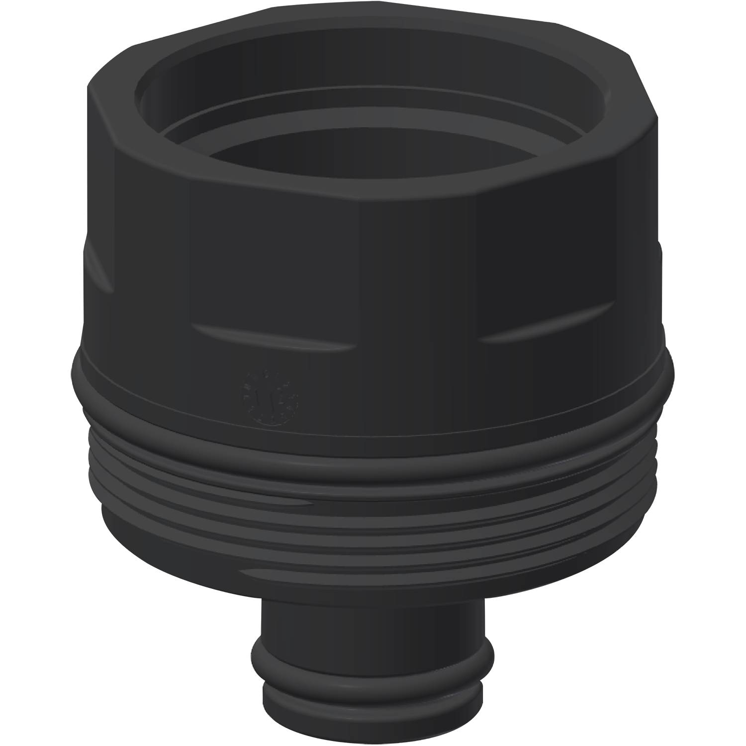 Ein Nahaufnahme-Bild einer dunklen sechseckigen Kappe oder Armatur mit Gewindedetails, möglicherweise für eine mechanische oder sanitärtechnische Anwendung.