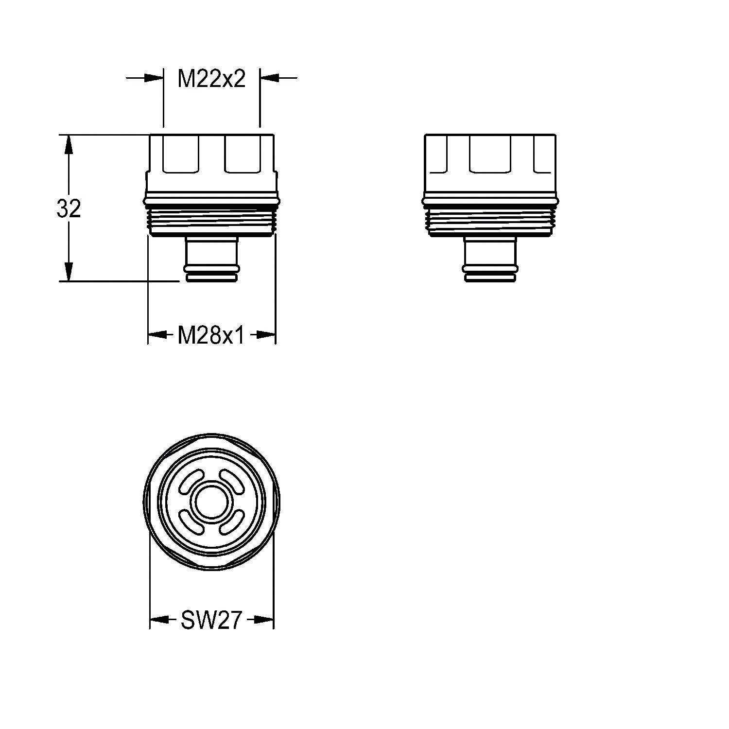 Drei technische Zeichnungen eines mechanischen Teils mit Gewinden. Abmessungen gekennzeichnet: Draufsicht M22x2, M28x1; Seitenansicht Höhe 32; Bodenansicht SW27.